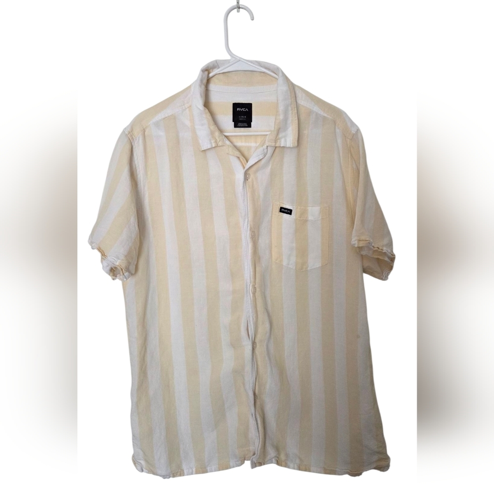 RVCA Men's Beige Striped Button Down Shirt Easy Fit Large Light Yellow Cream